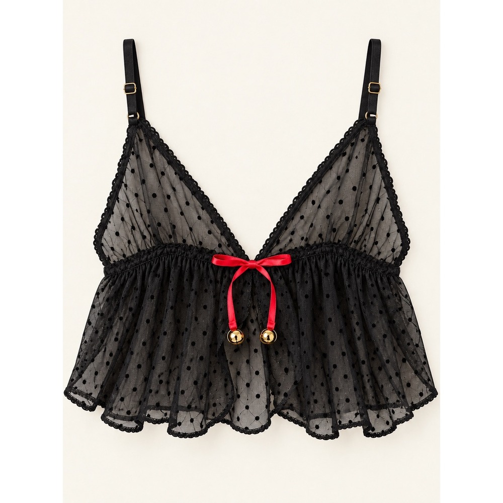 Victoria's Secret Black Sheer Mesh Swiss Dot Babydoll Top Red Bow Bells Medium